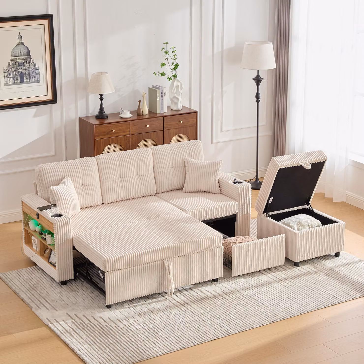 LVHOM divano letto 3 in 1 con USB e LED, divano a 3 posti con funzione letto, divano letto con ripiano laterale, divano componibile con pouf, tessuto a coste, beige