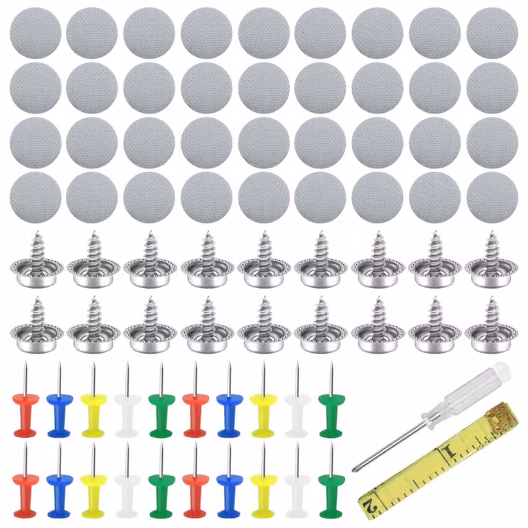 Set di 90 elementi per la riparazione, inclusi bottoni di ricambio, kit per la riparazione di automobili, utensili, rivetti grigi e un cacciavite