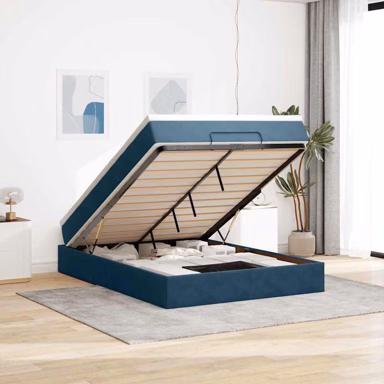 vidaXL Struttura Letto con Materasso e Contenitore a Sollevamento, Velluto Blu e Bianco, L: 140 cm, P: 200 cm, H: 280 cm