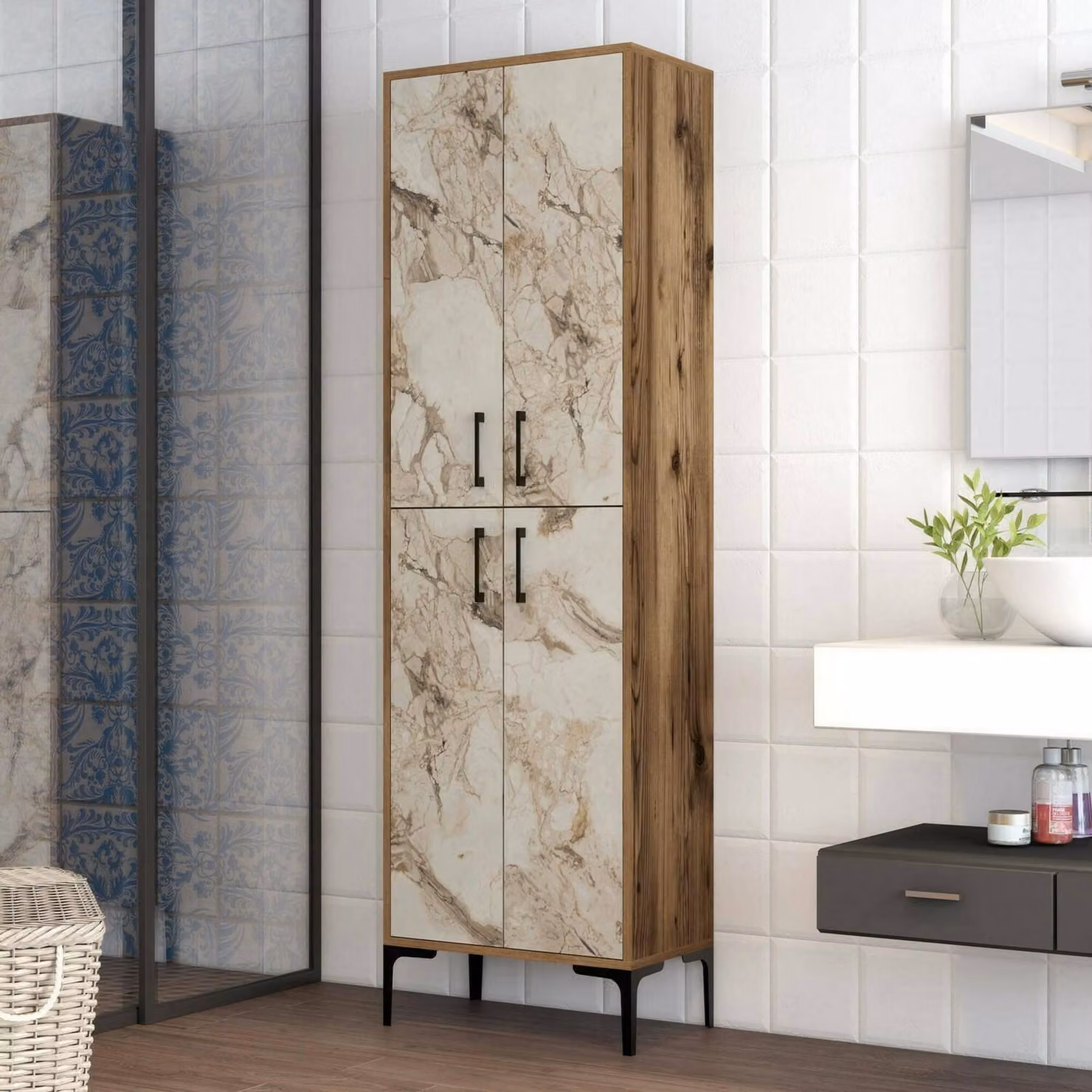 Dmora Armadio Multiuso Grande Amata 35x200h cm Marrone Noce, 2 Ante 6 Vani