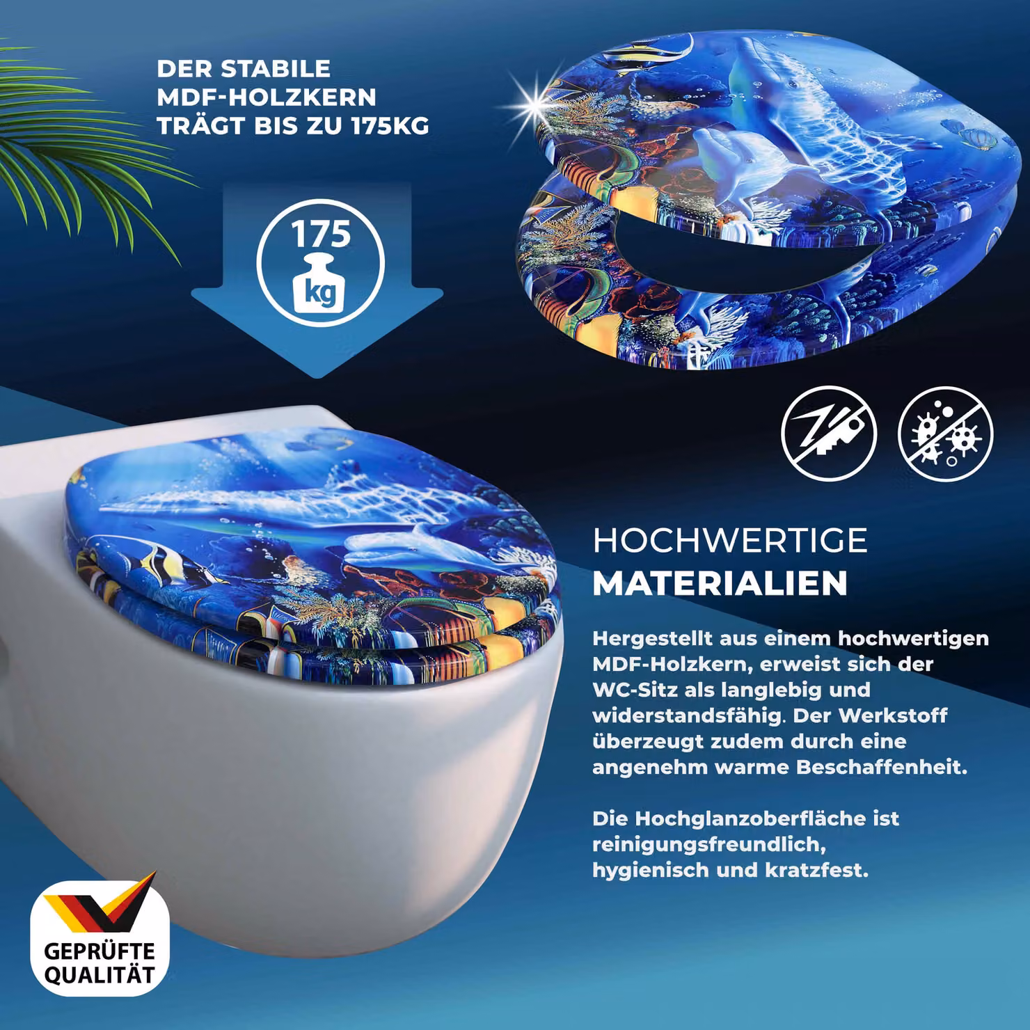 Copriwater Casaria con fantasia oceano blu e chiusura ammortizzata in legno L/P/H: 45 x 38 x 5 cm – 2