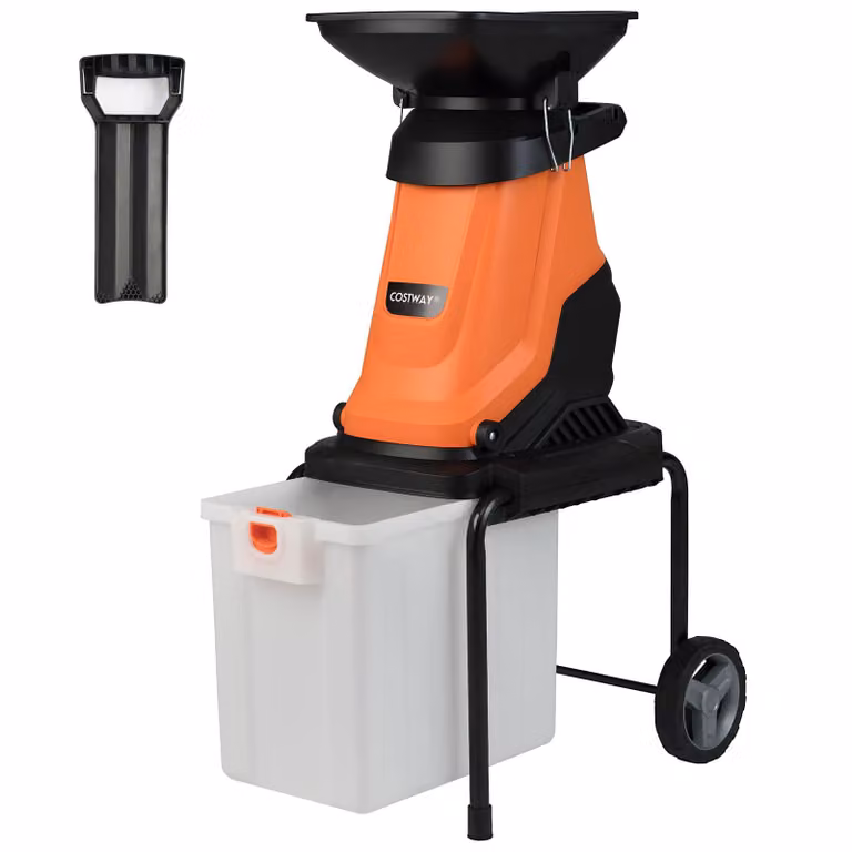 Trituratore da giardino COSTWAY 3000 W, spessore di taglio 45 mm, trituratore elettrico da giardino con ruote e cassetta di raccolta da 50 L, trituratore a lama con cavo, trituratore arancione