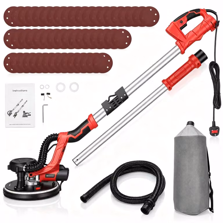 Levigatrice per cartongesso elettrica - 1550 W - 5 velocità - 950–2100 giri/min - Pieghevole - Manico telescopico - Colore: rosso