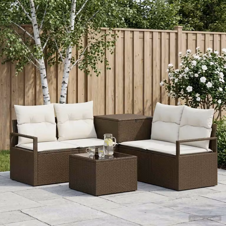 Set di divani da giardino vidaXL in polyrattan marrone e bianco crema con tavolo da caffè e cuscini inclusi
