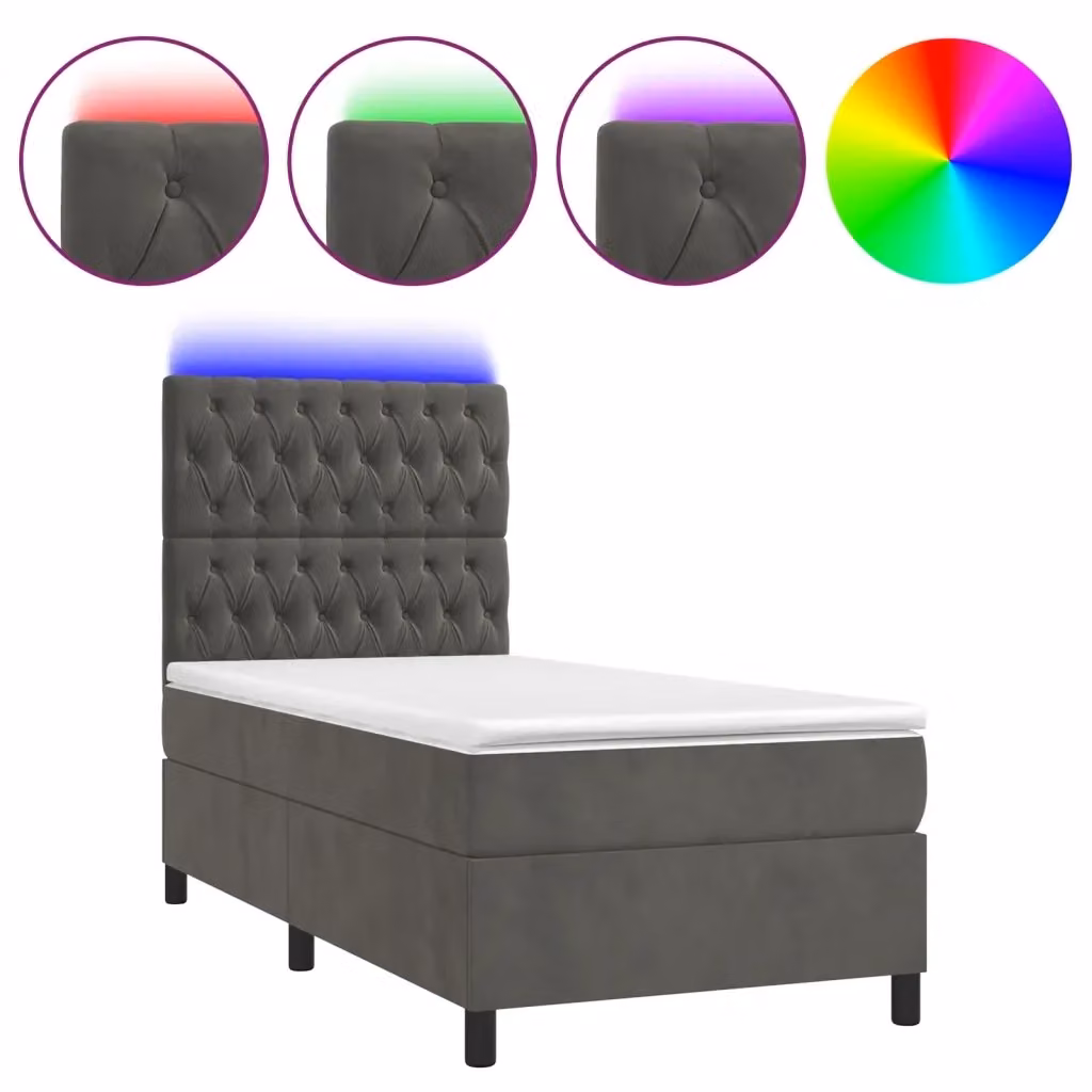 vidaXL Letto Ibrido con Materasso e Illuminazione LED, Rivestimento in Velluto Grigio e Bianco, L/P/H: 100 x 200 x 76 cm – 2