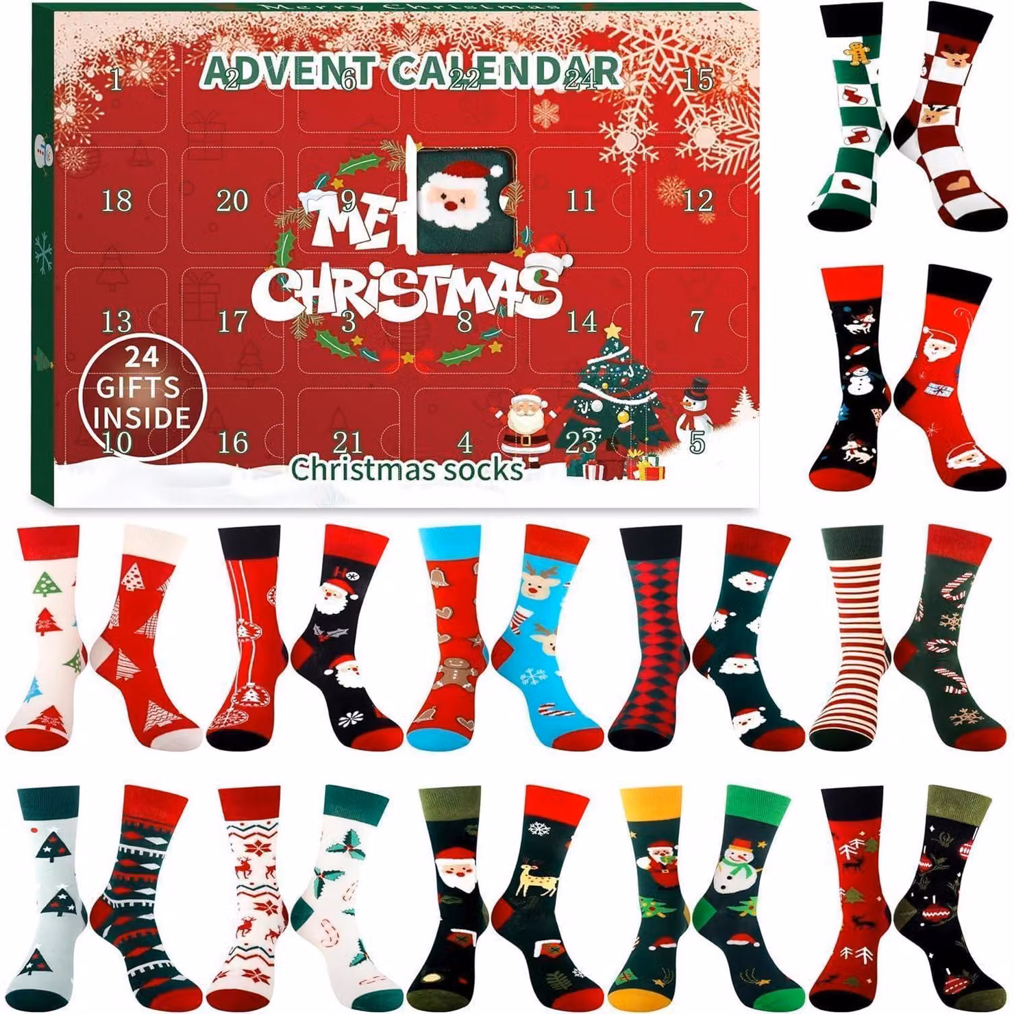 Calendario dell'Avvento, calze natalizie, 24 pezzi, multicolore. Taglie: EU 35-38, EU 39-42, EU 43-46
