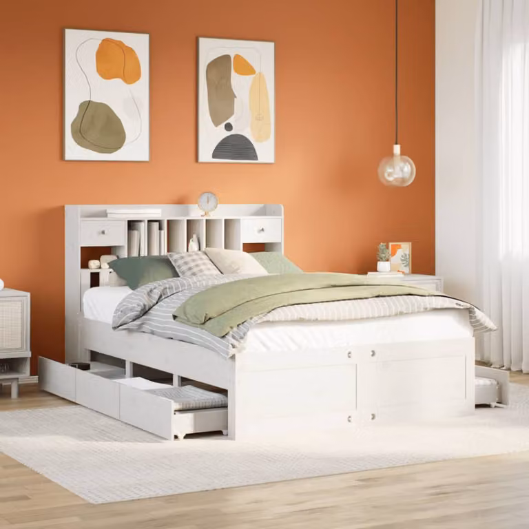 vidaXL Letto con Libreria e Cassetti in Legno di Pino Bianco 150x200 cm