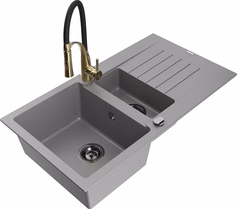 Mexen Matias lavello in granito a 1,5 vasche con scolapiatti e rubinetto da cucina Aster, grigio - 6502-71-73450-57-B