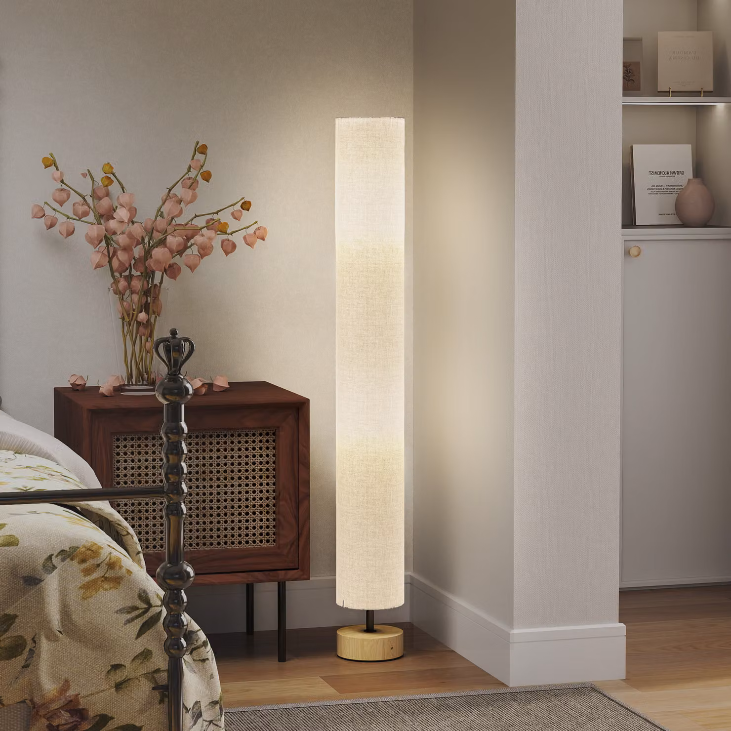 Lampada da terra HOMCOM con paralume cilindrico in tessuto e struttura in metallo e legno, Grigio – 2