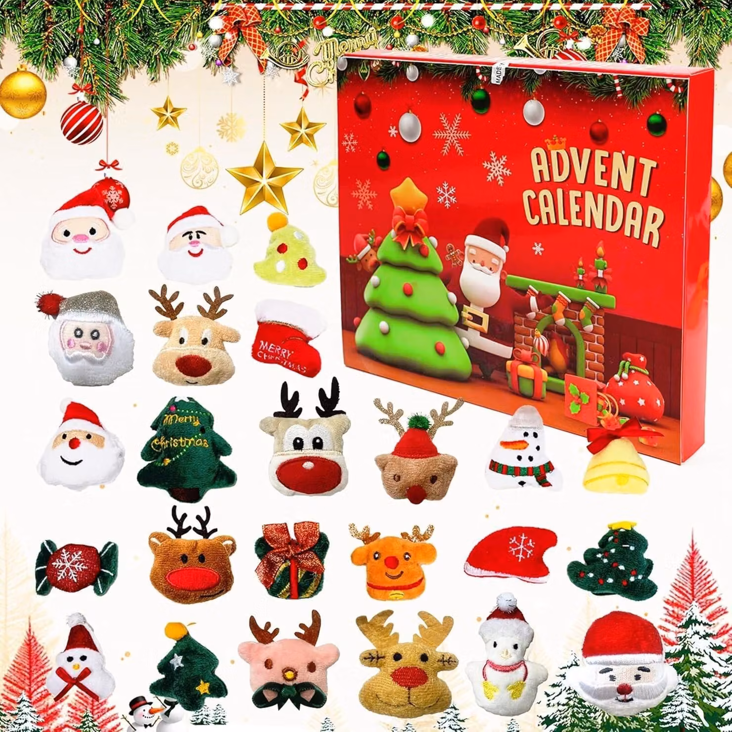 Calendario dell'Avvento con 24 personaggi in peluche per Natale