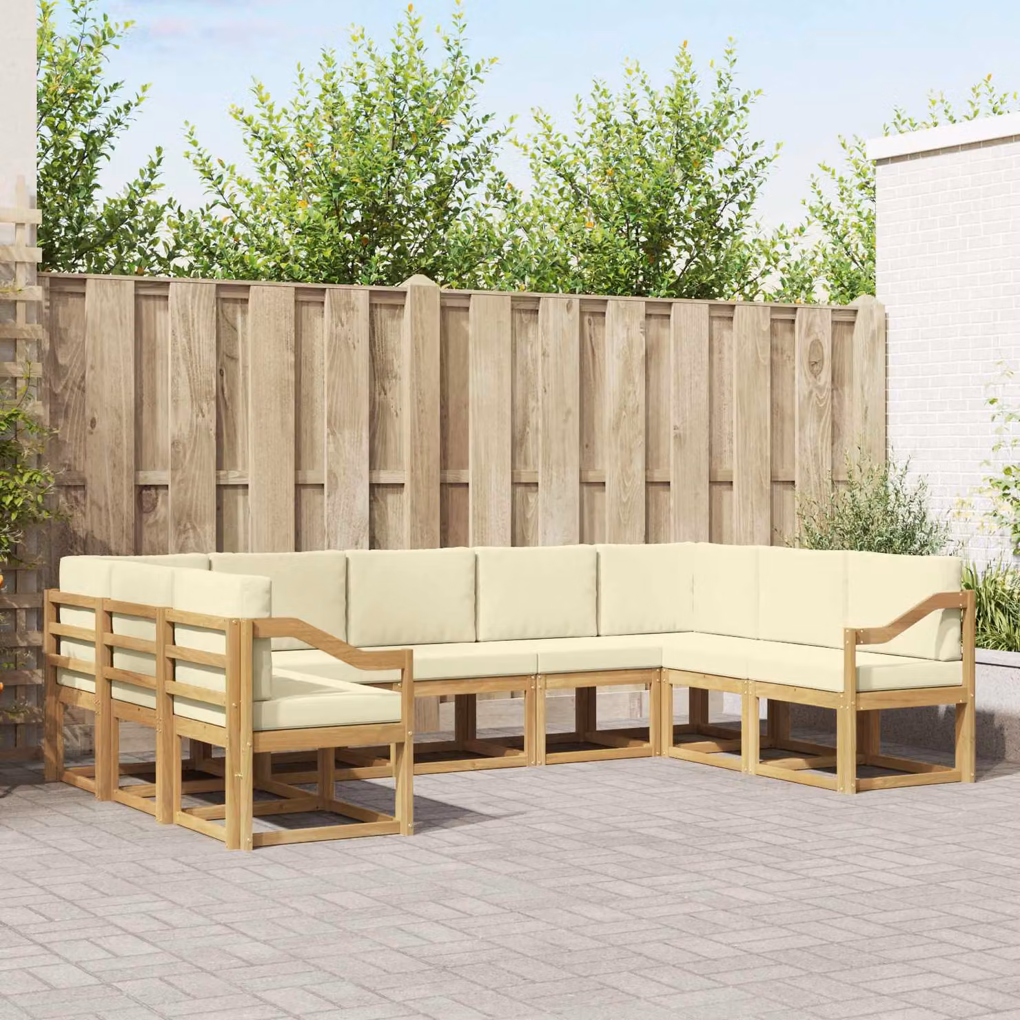 vidaXL Set di divani da esterno a L in legno di acacia con cuscini, Bianco e Beige