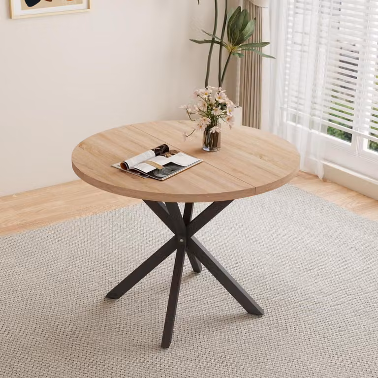 Tavolo rotondo da pranzo, diametro 100 cm, color marrone chiaro, struttura in MDF, gambe in metallo, adatto per 4-6 persone