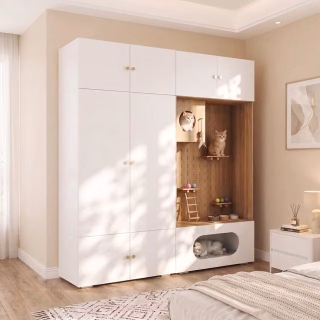 Desviae Armadio con spazio per gatti e parete da arrampicata in pannello truciolare bianco effetto legno 180 × 50 × 200 cm