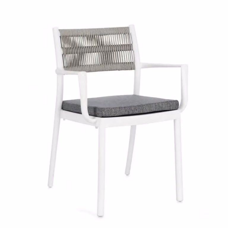 Set di 4 sedie ALVIN in polipropilene bianco e corda intrecciata grigio chiaro, con braccioli
