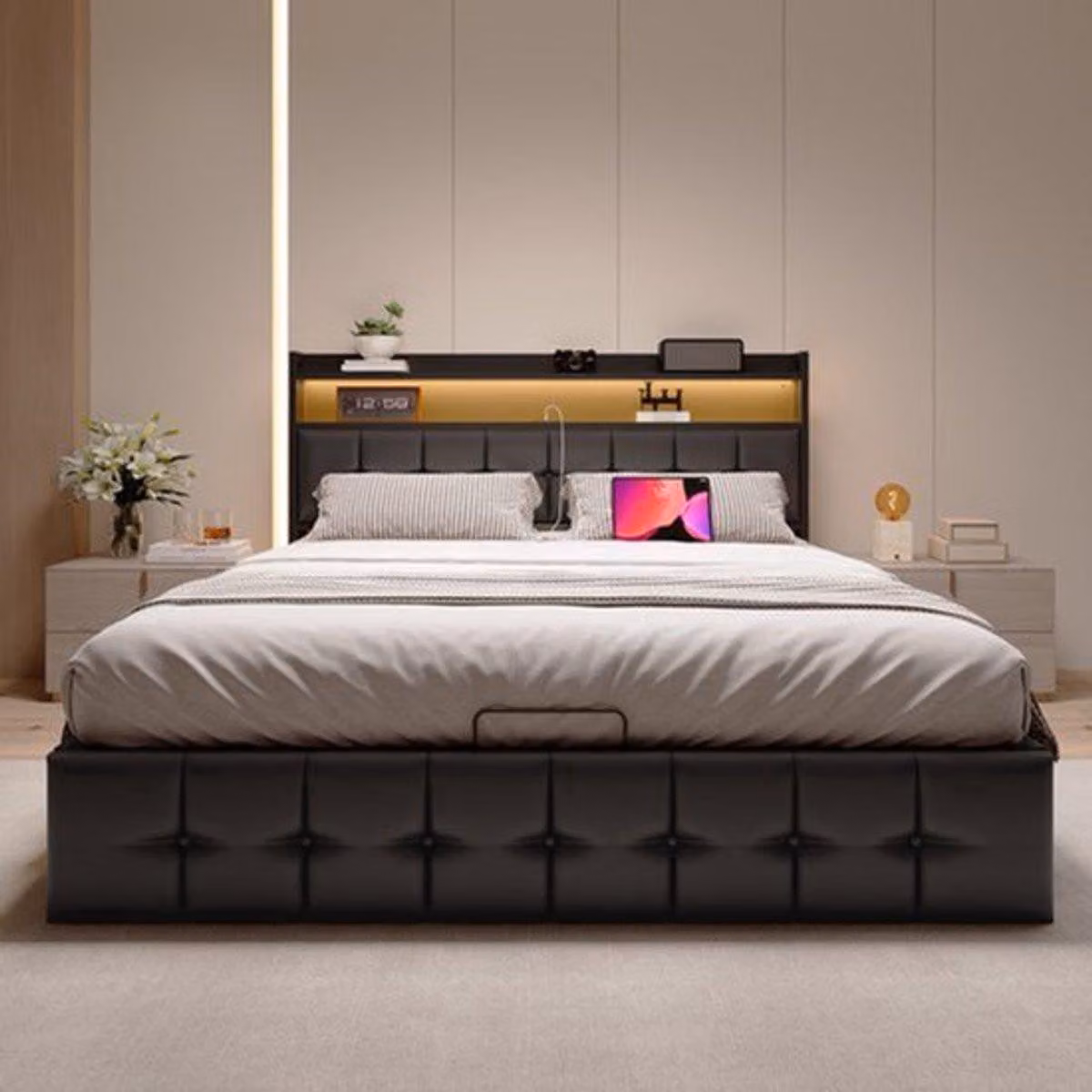 Letto matrimoniale - 160x200 cm - Imbottitura morbida - Con illuminazione LED e spazio contenitivo - Colore nero