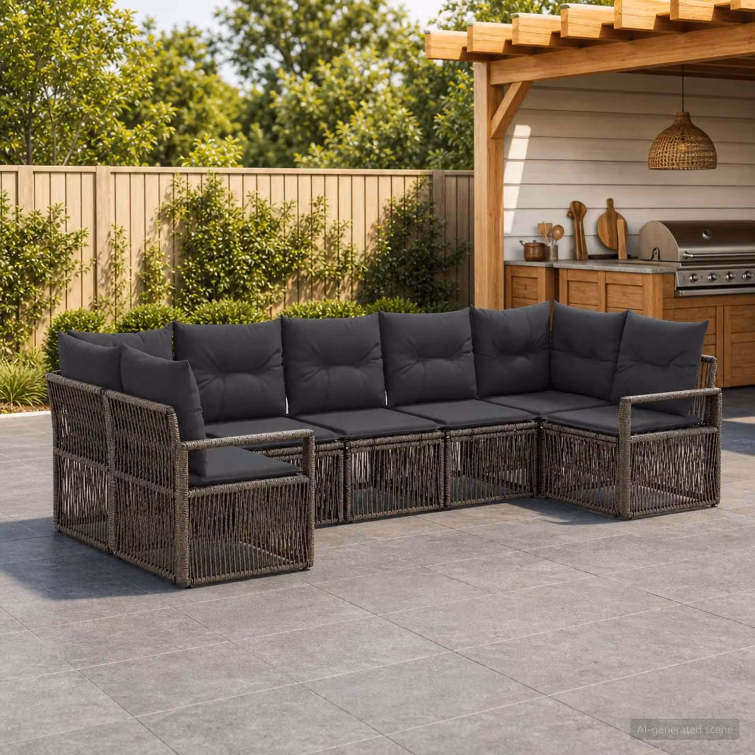 Set Divano da Giardino vidaXL a L da 7 posti in Polyrattan Grigio con Cuscini