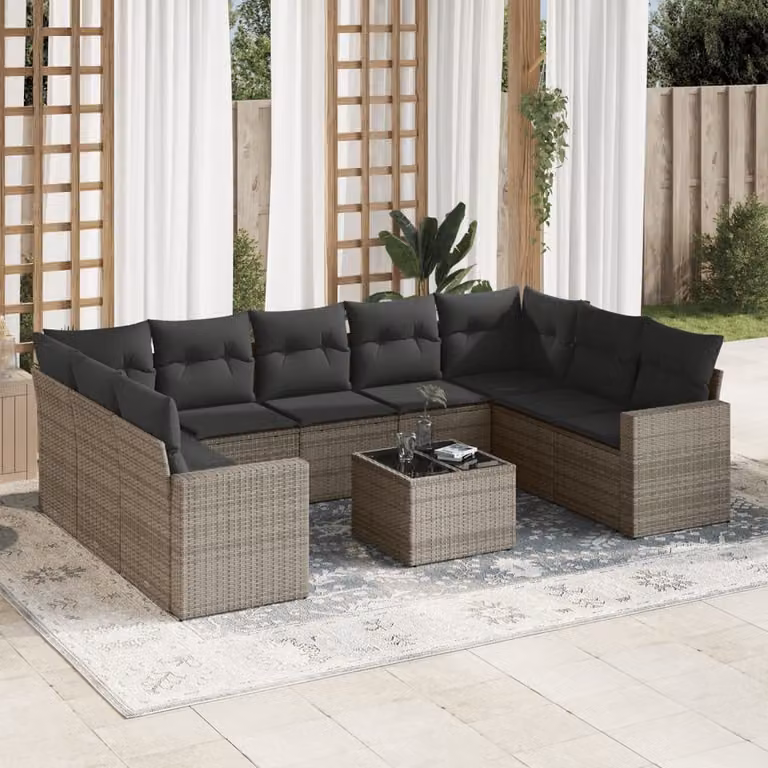 Set Divano da Giardino vidaXL 10 pz in Polyrattan Grigio con Cuscini e Tavolino da Caffè