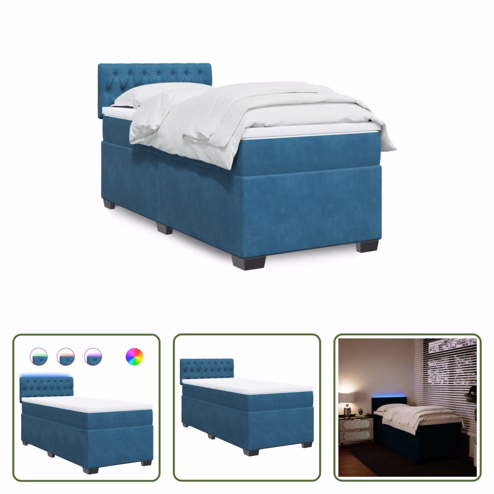 The Living Store Letto a molle con materasso blu 90x190 cm in velluto