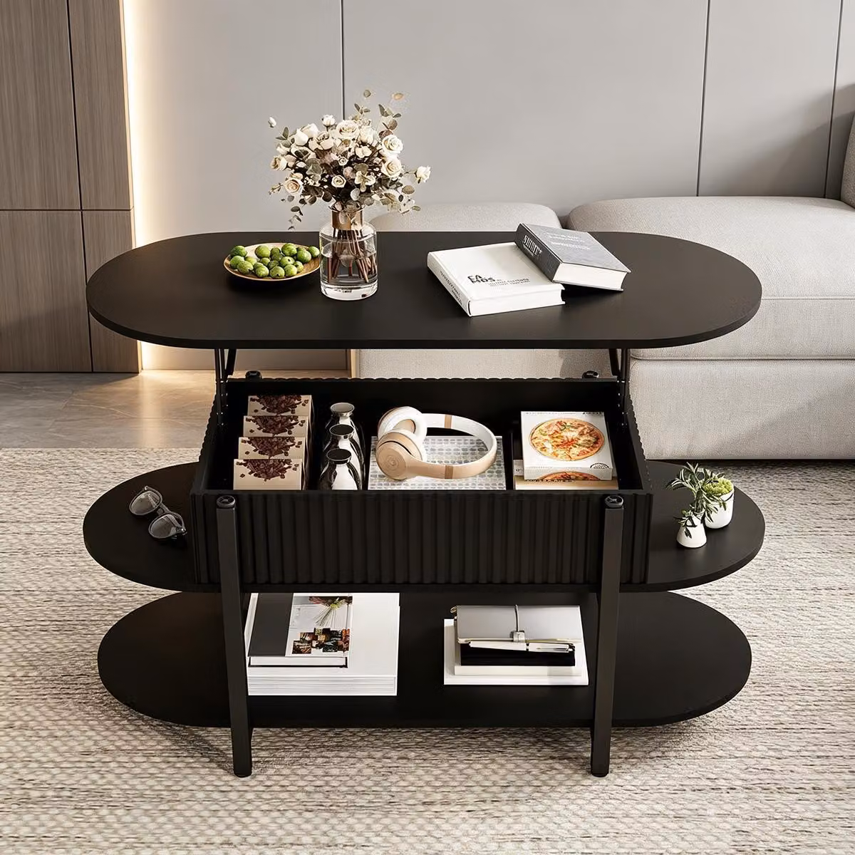 INONEFT Tavolino da caffè rialzabile con spazio contenitivo nascosto, tavolino laterale, tavolino da divano regolabile in altezza, colore nero