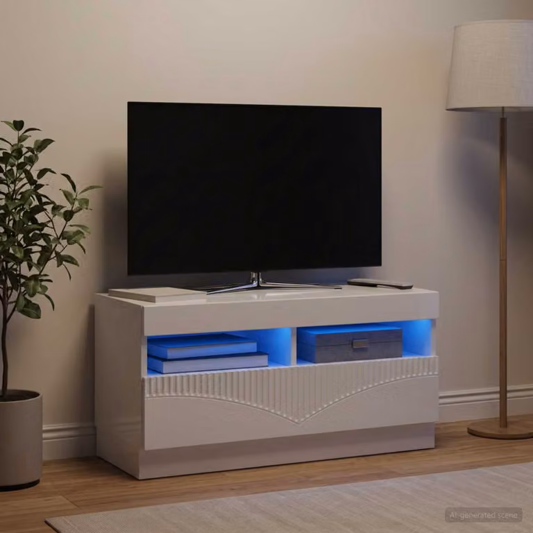 Mobile TV stand vidaXL moderno in legno MDF bianco lucido con illuminazione LED integrata L/P/H: 81 x 35 x 40 cm