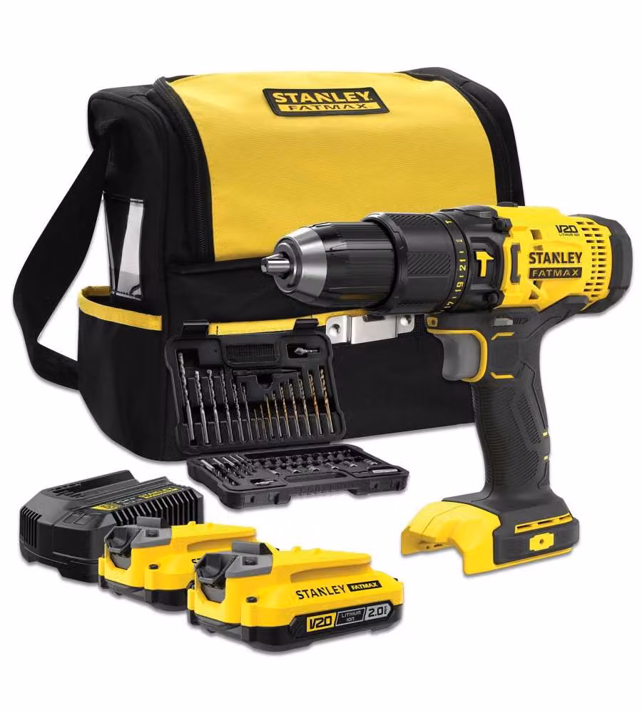 Trapano Avvitatore a Percussione Stanley FatMax V20 18V con 2 Batterie da 2,0 Ah, Caricabatterie, Borsa e Set di 50 Accessori, Nero e Giallo – 2