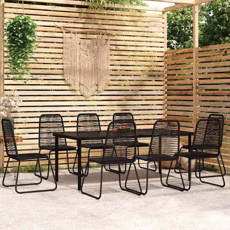 Set da pranzo per giardino vidaXL in polyrattan nero con cuscini e tavolo in vetro, 9 pezzi