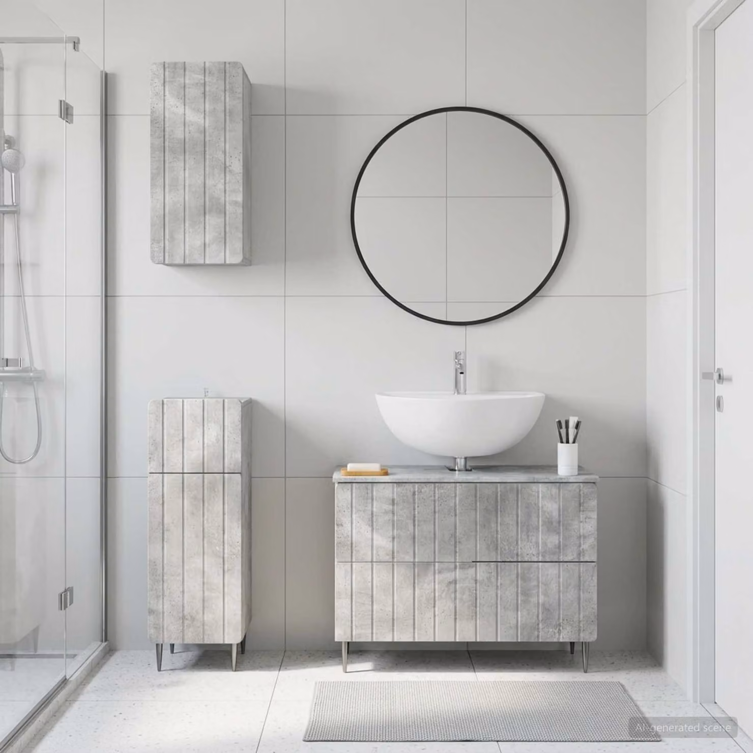 Set di armadietti da bagno vidaXL ZWOLLE in 3 pezzi, design minimalista, colore grigio cemento, con vanità e pensili a parete