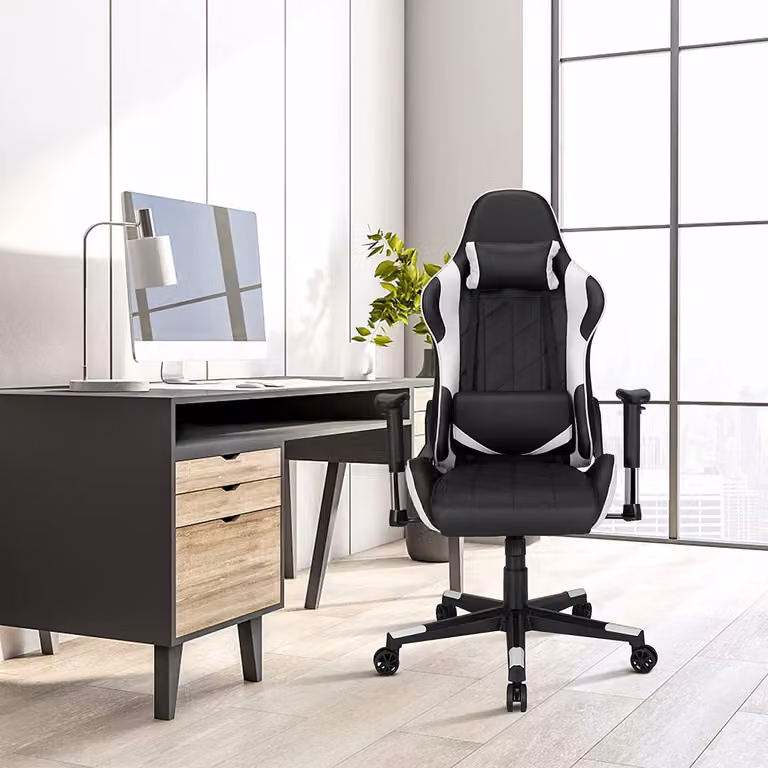 COSTWAY Sedia da gioco a 360˚, sedia girevole in stile racing con poggiatesta e cuscino lombare, angolo di inclinazione regolabile, sedia ergonomica per computer per gioco, casa, ufficio (bianco)