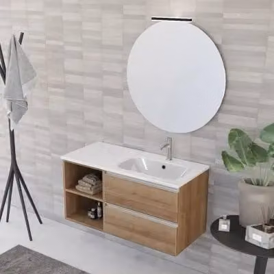 Mobile bagno sospeso Master INBAGNO in rovere miele con lavabo a destra, cassetti e vani a giorno, completo di specchio contenitore con illuminazione LED, L: 101 cm, P: 46 cm, H: 50 cm
