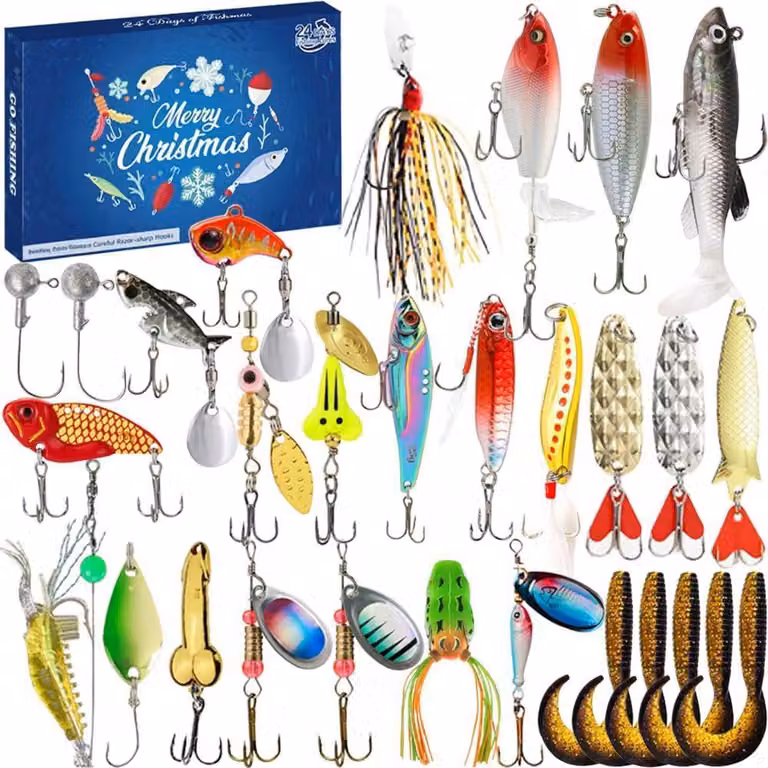 Calendario dell'Avvento per la pesca, edizione 2026, per uomini: set di 24 esche da pesca, calendario dell'Avvento, idea regalo
