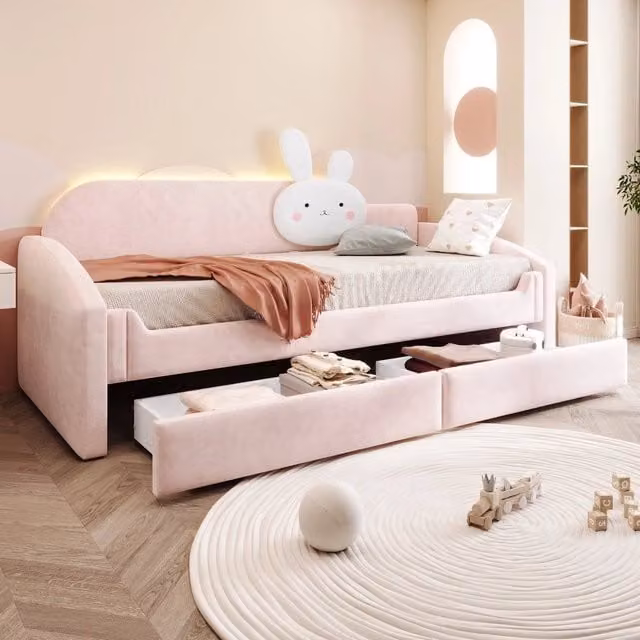 Letto divano per bambini ¨C Minimal ¨C Rosa velluto 90x200cm con contenitore LED cuscino a forma di coniglio
