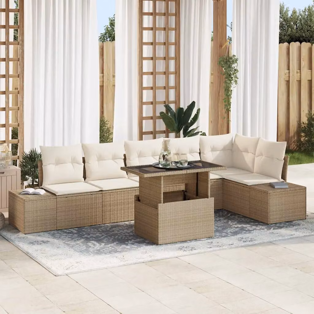 Set Divano da Giardino a L vidaXL in Polyrattan Beige con 7 Pezzi e Tavolino da Caffè in Vetro – 1