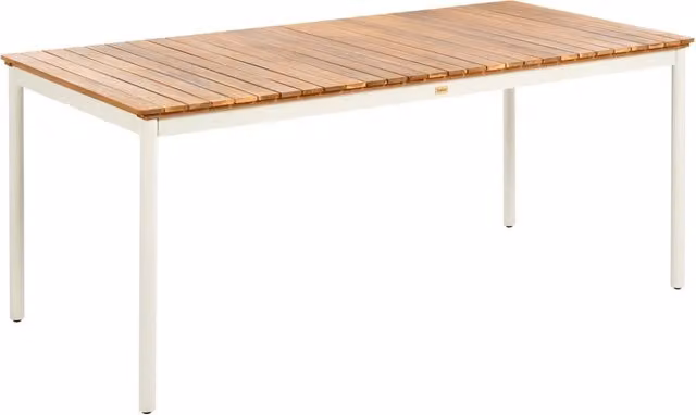 Tavolo da giardino 180 x 90 cm, 6 posti, con piano a doghe in legno di acacia e struttura in metallo, marrone stile moderno