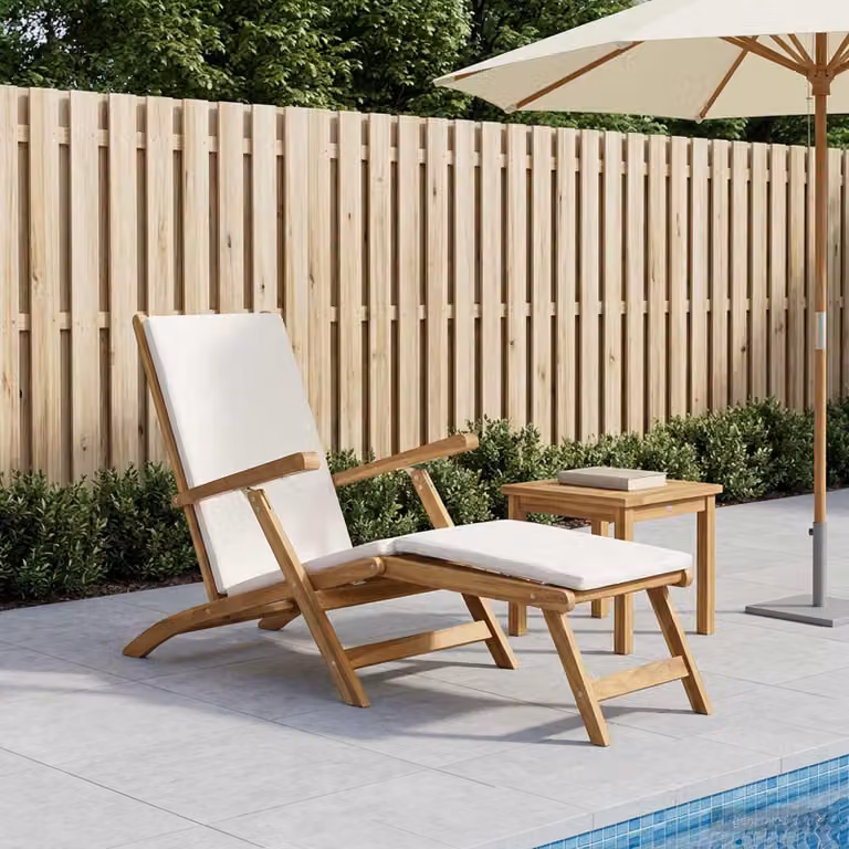 Sedia a sdraio pieghevole vidaXL in legno di teak con cuscino bianco e marrone per giardino e terrazzo