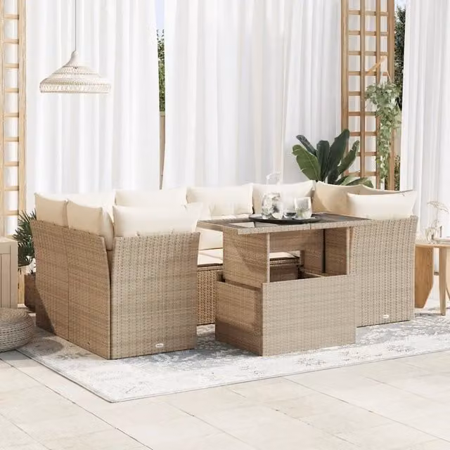 Set Divani da Giardino 7 pz con Cuscini Beige in Polyrattan 3326109