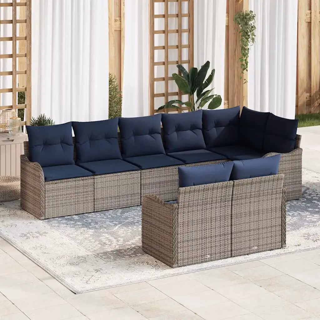 Set Divano da Giardino vidaXL 8 pz a forma di U in Polyrattan Grigio e Blu con Cuscini e Struttura in Acciaio