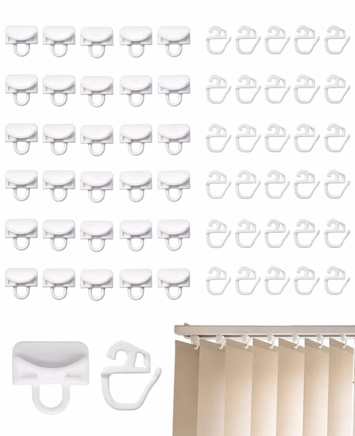 30 cursori per tende con gancio, in plastica, colore bianco, per binari