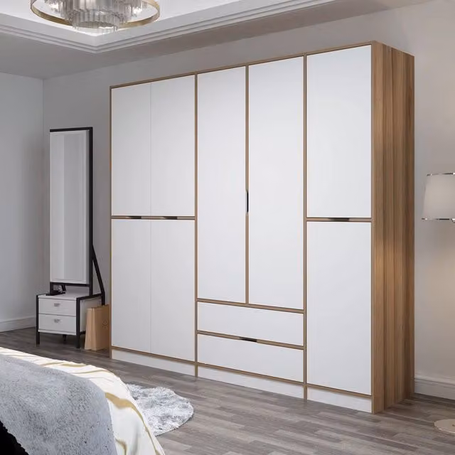Armadio da camera da letto moderno DMORA con ante scorrevoli e cassetti integrati, Bianco e Marrone, L: 232 cm, H: 208 cm – 1