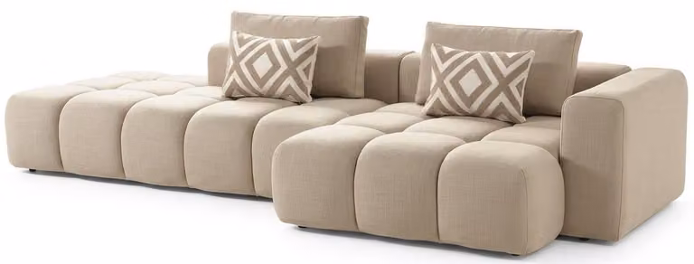Divano ad angolo a forma di "L", beige, rivestito in tessuto, moderno, dal design elegante e confortevole
