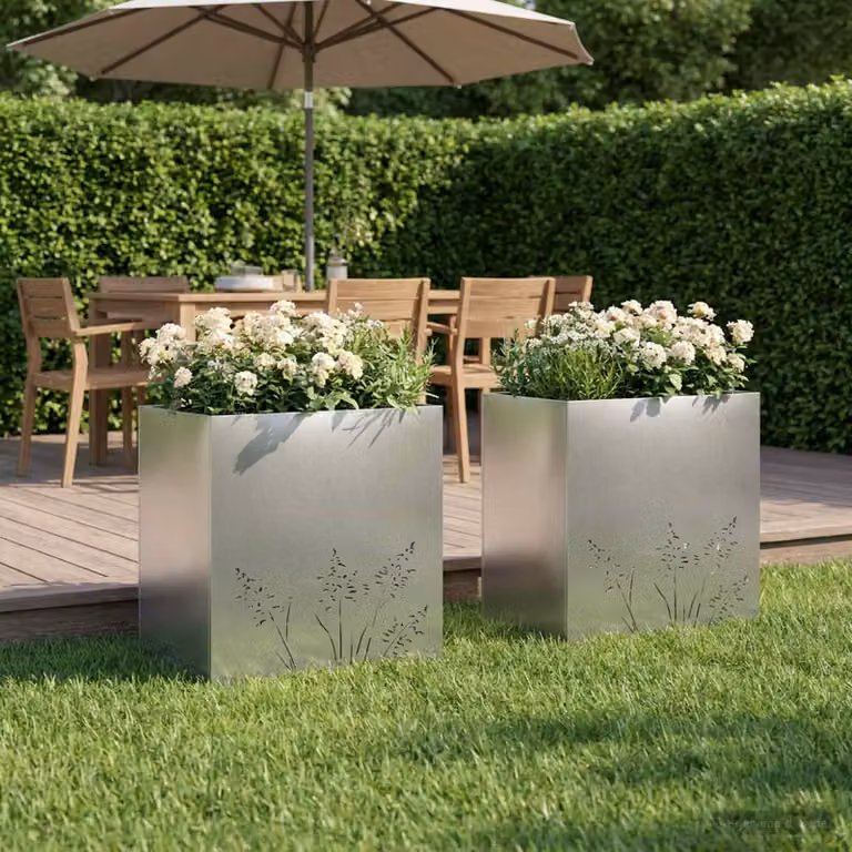Set di 2 vasi da giardino vidaXL in acciaio inox color argento L: 50 cm, P: 30 cm, H: 49 cm