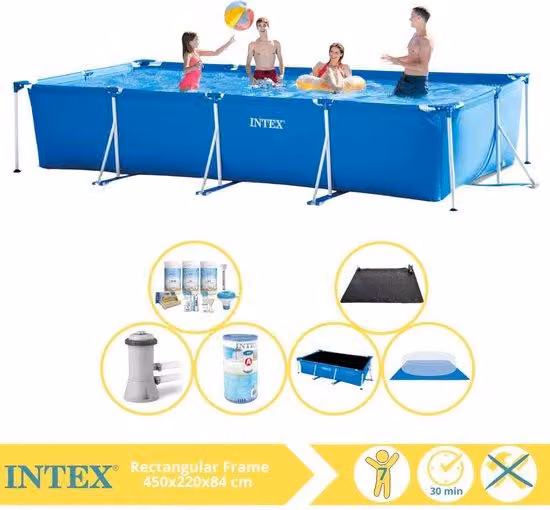 Piscina rettangolare con telaio Intex - Piscina fuori terra - 450x220x84 cm - incl. copertura solare, kit di manutenzione, pompa per piscina, filtro, telo di chiusura e pannello solare