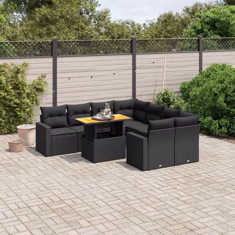vidaXL Set Divani da Giardino a L 9 pz in Polyrattan Nero con Cuscini e Tavolino da Esterno