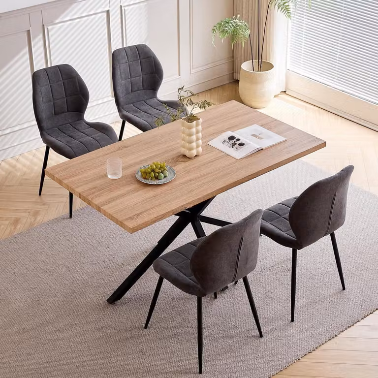 Tavolo da pranzo rettangolare con 4 sedie, dimensioni 140x78x77 cm, materiali: legno/metallo, colore: naturale/grigio