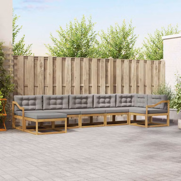 Set di divani da esterno a forma di U vidaXL in legno di acacia con cuscini, Bianco, Grigio e Marrone