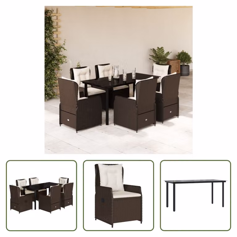 The Living Store Set da pranzo da giardino 7 pezzi con cuscini in polirattan marrone