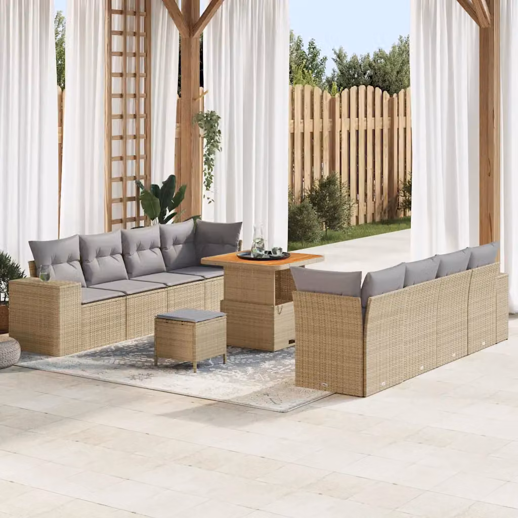 Set Divano da Giardino vidaXL 11 Pezzi a Forma di U in Polyrattan Beige con Cuscini e Tavolino – 1