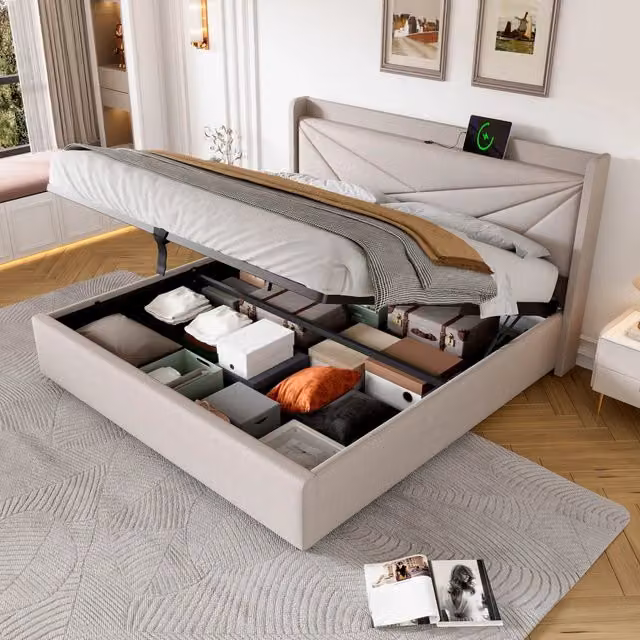 letto imbottito cotone lino beige 160x200 cm