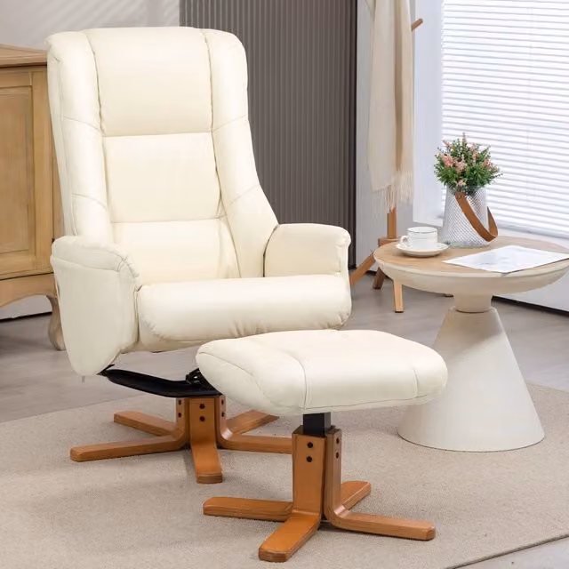 Poltrona relax reclinabile WISHDOR con poggiapiedi coordinato, struttura in legno massello e rivestimento in finta pelle bianca, ideale per soggiorno e camera da letto
