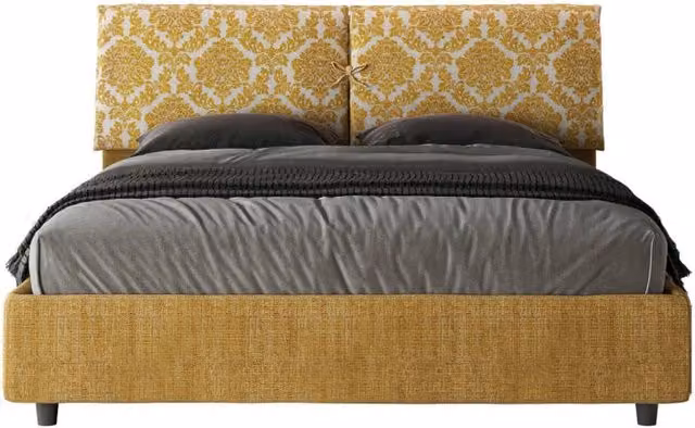 Letto matrimoniale imbottito moderno ITYHOME in tessuto giallo con decorazione floreale L: 160 cm, P: 200 cm, H: 110 cm