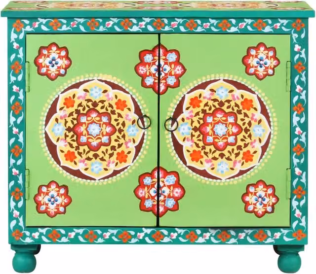 Credenza in legno di mango multicolore con decorazione floreale etnica vidaXL L: 70 cm, P: 35 cm, H: 60 cm